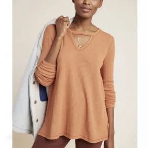 Anthropologie T.La Nadia Cut-Out Waffle Knit Tunic Top Gold Orange Sz S